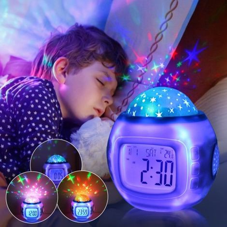Sveglia per bambini con luce notturna, proiezione di stelle, musica, retroilluminazione a LED, calendario e termometro (per camerette di maschi e femmine)