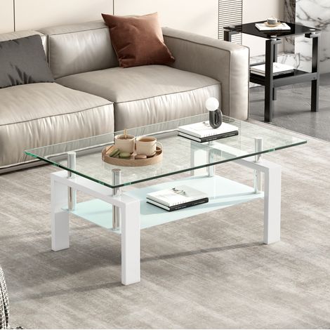 Couchtisch aus weißem Temperglas und Metall, 100 cm, 2 Ablagen (1/5)
