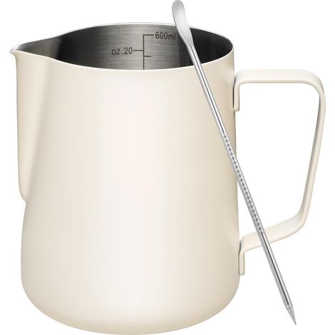 Pot à Lait en Acier Inoxydable Barista Pichet à Lait Pot pour en Acier Inoxydable Le Café la Mousse de Lait Cappuccino et Latte (blanc 20oz/600ml) (1/5)