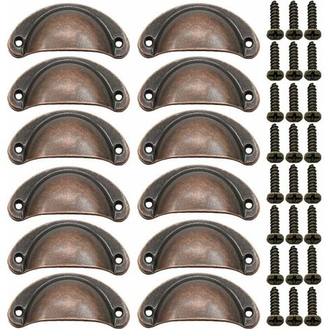 12 Stück Muscheltürgriffe, Retro-Türgriffe, traditionelle halbmondförmige Möbelgriffe mit Schrauben, für Schubladen, Schränke, Kommoden (Rotbronze)