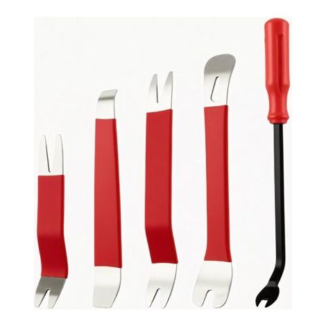 Kit d'outils de démontage automobile, comprenant 5 cales métalliques pour garnitures et un outil de levier, pour le démontage des panneaux de porte et des garnitures, rouge. (1/5)