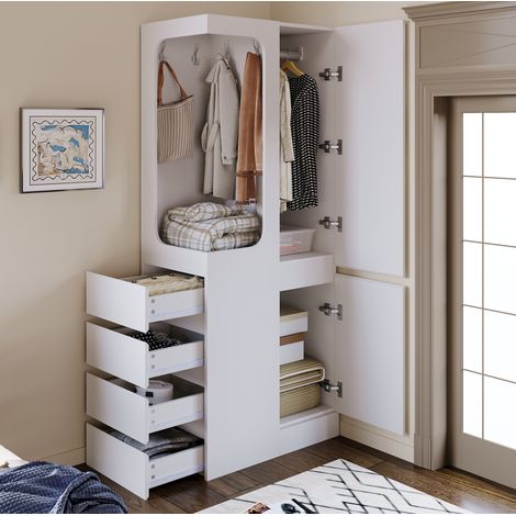 CHICFURN Armario con perchero 70x40x170 cm de madera blanca, 4 cajones y almacenaje abierto (1/5)