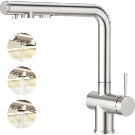 Robinet de Cuisine 3 Voies avec Douchette Extensible, Mitigeur Monocommande avec Systèmes Filtre à eau et d'Osmose, Brossé (1/5)