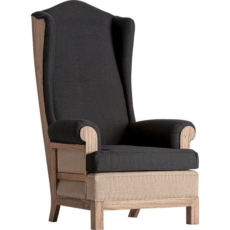 Fauteuil bergère haut dossier en bois et lin - noir et bois brun (1/5)