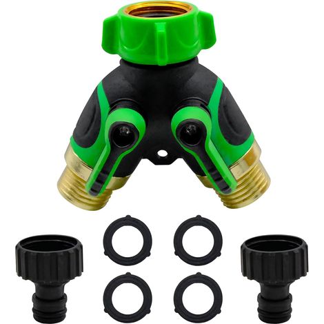 Répartiteur de robinet de jardin à 2 voies - Connecteur de tuyau de 1,9 cm - Double sortie - Connecteur de tuyau d'arrosage de type Y - Avec marche/arrêt individuel et 2 connecteurs rapides pour tuyau (1/5)
