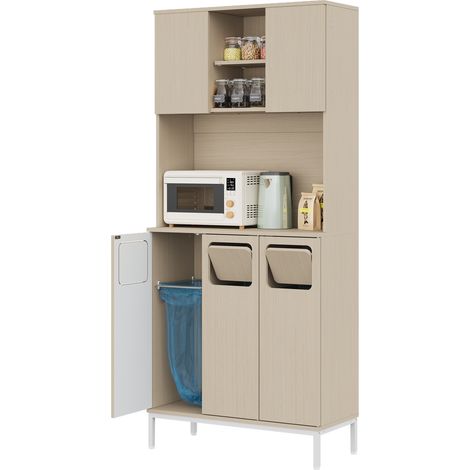 Meuble poubelle de cuisine 3 portes blanc et bois clair, niche micro-ondes, rangement pour aspirateur robot, étagères réglables, MDF, 80 x 35 x 181 cm  CHICFURN (1/5)