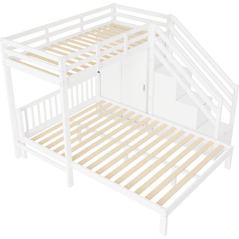 Litera infantil blanca con armario y escalera de almacenaje 90x200 cm + 140x200 cm (1/5)