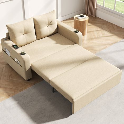 Canapé convertible 2 places 131x81x94 cm en tissu beige, gain de place pour salon FloraGrace (1/5)
