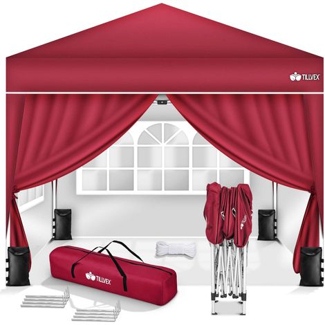 tillvex Pavillon 3x3m wasserdicht Rot - mit 4 Seitenteilen Pop-Up Faltpavillon höhenverstellbar Gartenzelt UV Schutz 50+ Partyzelt mit Tasche für Garten