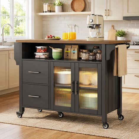 Isola da cucina con piano ribaltabile, LED, 2 cassetti, ruote, nera DESVIAE (1/5)