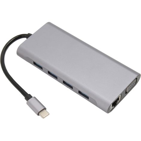 Adaptateur multiport USB-C Ushion 11-en-1 avec 4 ports USB 3.0, sortie HD 4K, sortie VGA, port Ethernet, port de charge RJ45, audio PD et emplacements pour cartes 3,5 mm, gris (1/2)
