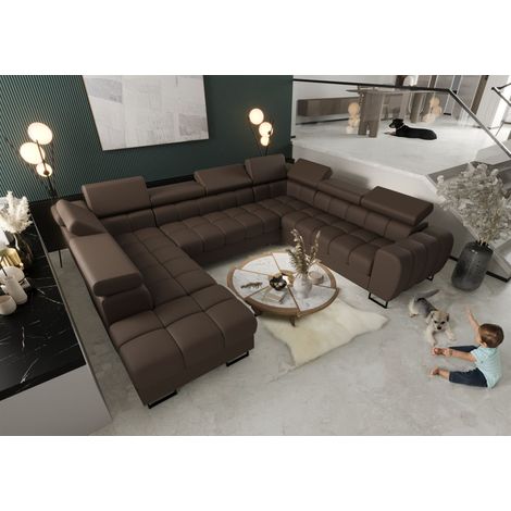 Wohnlandschaft Schlafsofa BASTIEN XL in Stoff Terra Braun Ottomane Links