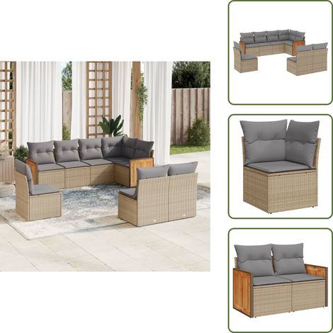 The Living Store 8-tlg. Garten-Sofagarnitur mit Kissen Beige Poly Rattan - Gartensessel