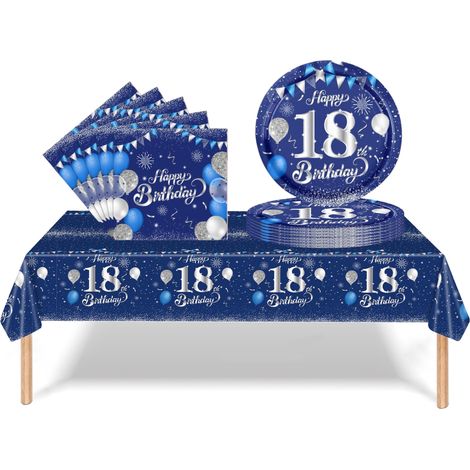 37 Pièces Vaisselle Jetable Anniversaire 18 Ans Deco Table Anniversaire Bleu argent,18 Ans Assiette en Carton Jetable Plastique Nappe Serviette pour Garçon Fille Decoration d’Anniversaire(16 invité) (1/4)
