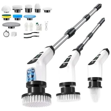 Elektrische Reinigungsbürste, Reinigungsbürste mit 9 austauschbaren Köpfen, 2 einstellbaren Geschwindigkeiten, ausziehbarem Griff, für Bad, Küche und Auto, Weiß - (1/5)