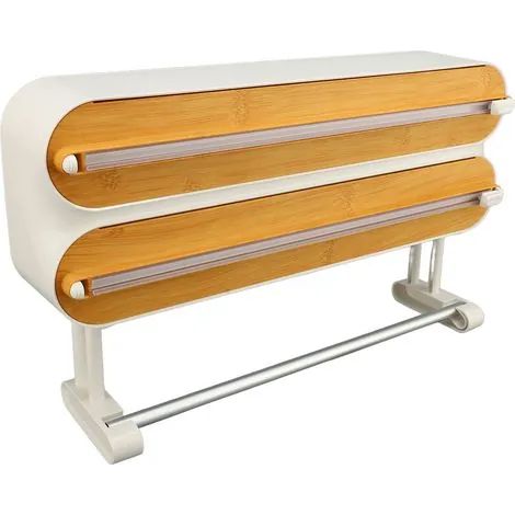 Distributeur de film alimentaire innovant, imitation bois, mural et réglable, 3 en 1, avec coupe-film pour aluminium, papier ciré et film étirable. (1/3)