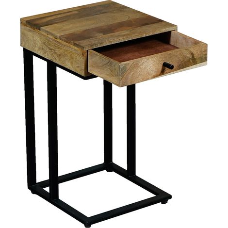 Ravi Iron Base 1 Drawer Small Side Table - Mango Wood - L30 x W30 x H50 cm - Mango Light Finish