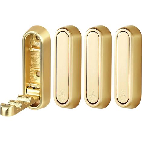 Set aus vier klappbaren Garderobenhaken, ideal zur Aufbewahrung von Handtaschen, Wandhaken und Kleidung. Goldfarben.