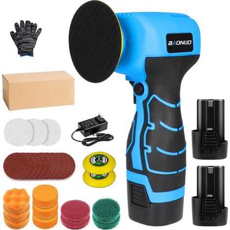 Kit Bleu 2-en-1 - Polisseuse miniature sans fil avec 2 batteries et chargeur, lustreuse portative pour cirage, dérouillage, ponçage, outil multifonction pour bois et automobile, alimentée par batterie (1/2)