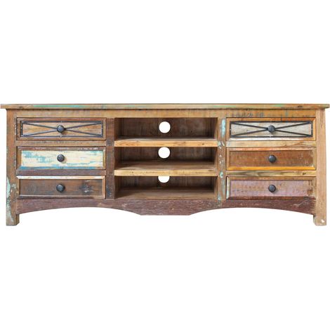 Massivmoebel24 – Meuble TV en bois de récupération laqué multicolore 160x45 – Style ethnique-chic – Pièce unique pour intérieur chaleureux
