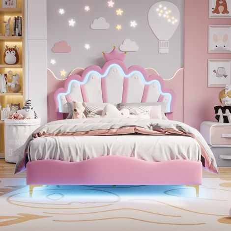Lit double 140x190cm, Lit princesse en forme de couronne, Lit enfant 140x190cm avec sommier à lattes et éclairage LED, PU, Rose (1/5)