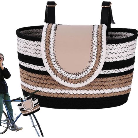Panier de vélo tressé élégant avec couvercle et sangles en cuir (27×16×16,5 cm) – Panier de vélo universel de style bohème, adapté à tout vélo