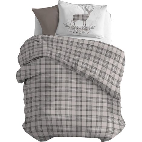 Parure de lit 1 Place en Flanelle 100% Coton, Housse de Couette 155 x 200 cm et taie d'oreiller 52 x 82 cm, Lavable en Machine à 40 °C, Motif cerf Beige (1/5)