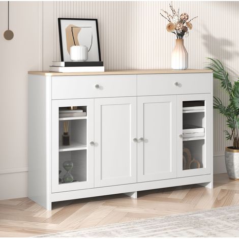 Buffet 120 cm 2 tiroirs 4 portes MDF blanc OKMYHOME (1/5)