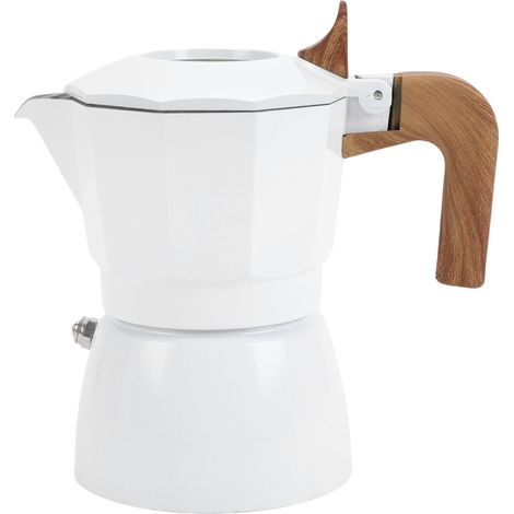 Cafetière Italienne Moka Aluminium 2 Tasses 100ml Blanche Double Valve Extraction Pression Poignée Bois Design Vintage Élégant (1/5)