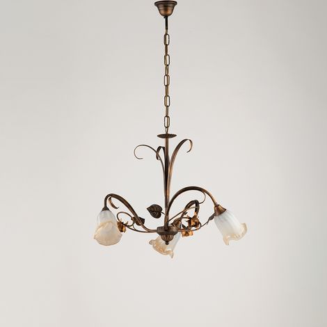 Lampadario Classico Arte Povera 3 Luci Ferro Battuto Marrone E Oro Serie Cestino