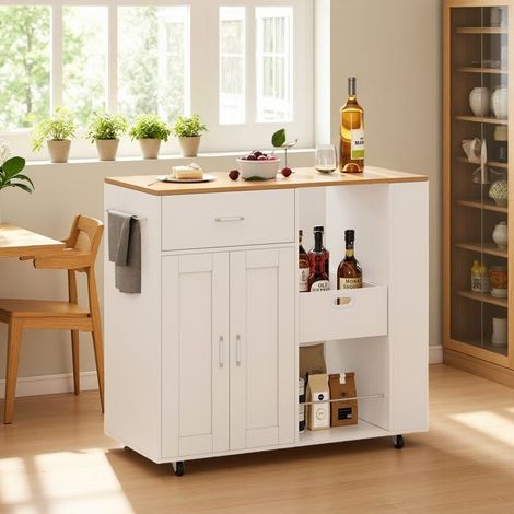 Kücheninsel mit Rollen - 102x46x92 cm - 2 Türen - 1 Schublade - Weiß
