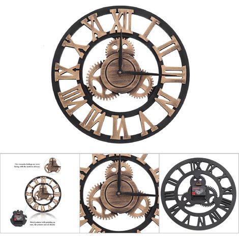 Horloge murale rustique 3D artisanale en bois, engrenage, style vintage, 30 cm, couleur or, idéale pour salon, bureau ou bar. (1/5)