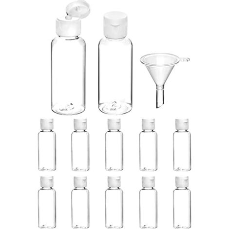 Lot de 12 flacons de voyage de 50 ml, mini bouteille plastique, transparents, avec petit entonnoir pour shampooing, gel douche, lotion, démaquillant (1/5)
