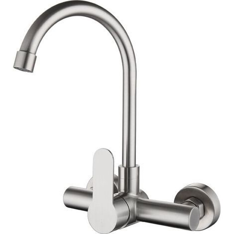 Robinet Cuisine Mural Acier Inoxydable 304 Évier Lavabo Balcon Buanderie Eau Chaude Froide Rotatif Argent (1/4)