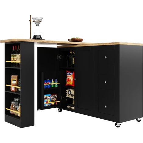 Îlot de cuisine noir pivotant à 360°, sur roulettes, meuble bar en MDF avec 3 tiroirs, 2 portes et rangements, 203 x 39 x 106 cm (1/5)