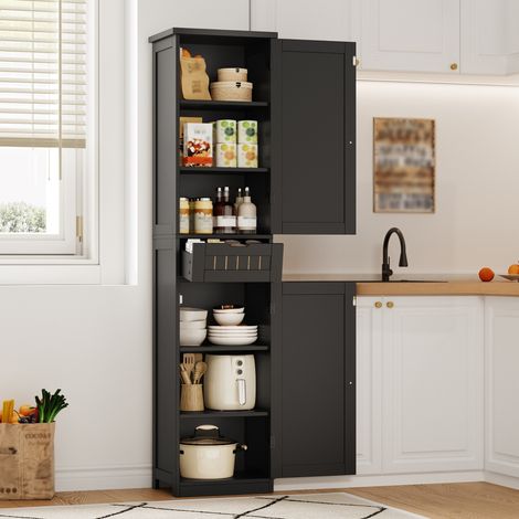 Credenza de cocina alta negra 170 x 40 x 30 cm de MDF con 2 puertas, 1 cajón y estantes regulables (1/5)