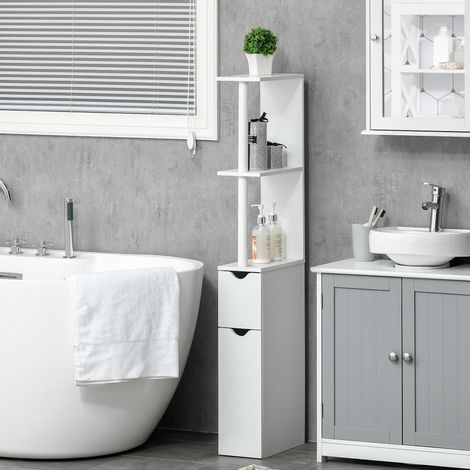 Mobiletto da bagno con ante e ripiani a giorno, armadio da bagno in stile moderno, 15,2x29,8x118 cm, bianco