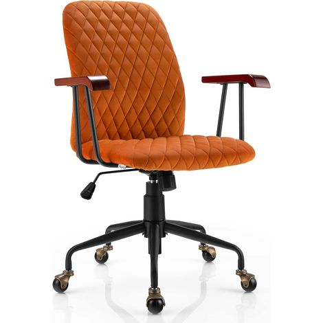 COSTWAY Velvet Office Chair, Ergonomic Swivel Computer Desk Chair with Rubber Wood Armrests, Adjustable Rolling Rocking Executive Task Chairs Tufted Leisure Seat for Home Office Bedroom (Orange) (1/5)