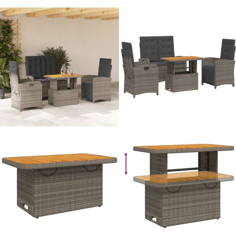 4-tlg. Garten-Essgruppe mit Kissen Grau Poly Rattan - Gartenbank - Gartentisch