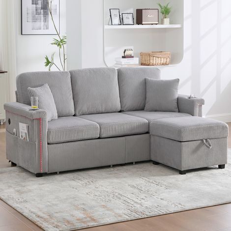 Canapé angle L convertible 3 places avec LED et USB-C, repose-pieds de rangement, porte-gobelets et des poches latérales – velours gris