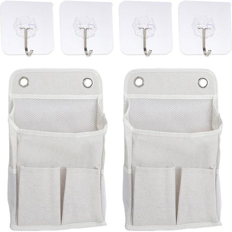 2 Pochette murale, 4 Crochet, Coton et lin, Blanc, Sans perçage, Salle de bain, Cuisine, Chambre