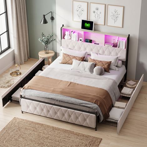 Lit coffre 180x200 cm Lit double 4 tiroirs lumière LED et port USB Lit Capitonnée Lit avec tête de lit et sommier à lattes tissu de velours - Beige