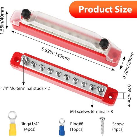 Borniers 12V Barre de Bus, Bloc de Distribution de Masse D'Alimentation Couvert avec Goujons de Borne M6 Vis de Borne M4 pour Voiture, Bateau, Caravane, Camping-Car, Rouge et Noir