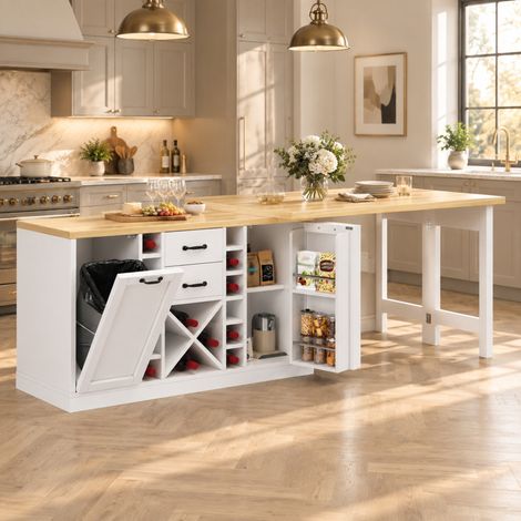 Isla de cocina giratoria con almacenaje 120-223 cm, botellero extraíble OKMYHOME (1/5)