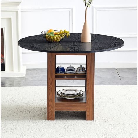 Tavolo da pranzo rotondo 100x100x76 cm, con vani portaoggetti, stile minimal, MDF, nero e noce (1/5)
