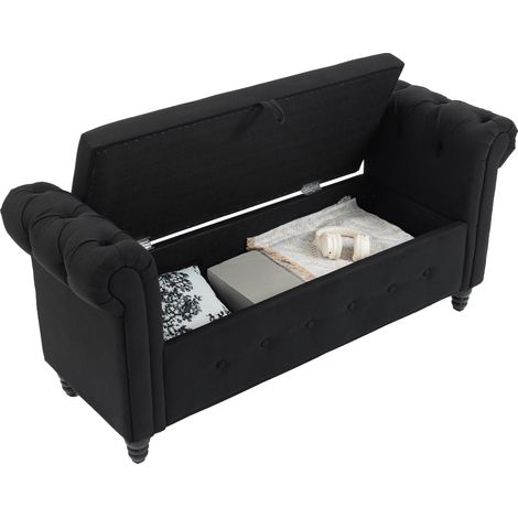 Banc banquette coffre 2-en-1 tissu aspect lin pieds bois noir 146,5 x 49 x 72 cm