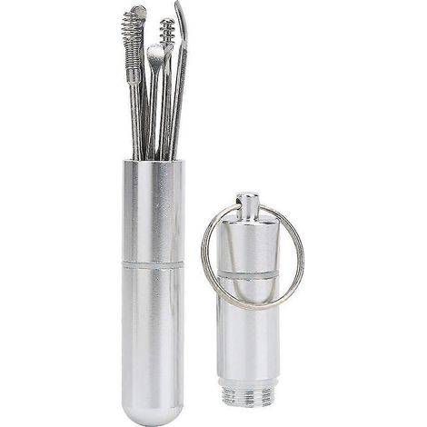 Cure-oreilles, kit de 6 pièces en acier inoxydable pour l'extraction du cérumen, avec tube de rangement et porte-clés. (1/4)