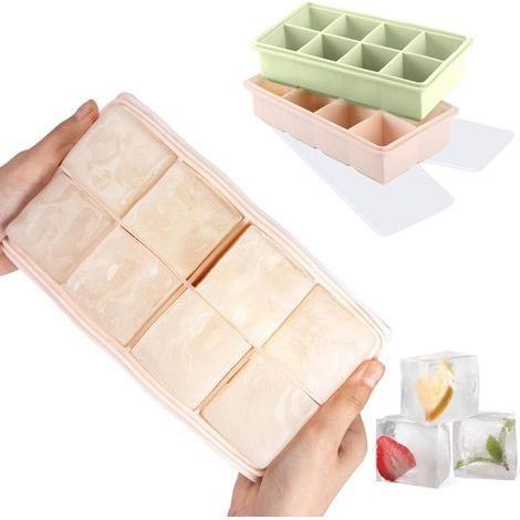 Square Ice Cube Mold, 2 Packs XXL Silicone Ice Cube Molds with Lid for Whiskey, Cocktails and Wine - Flexible, BPA Free and FDA Approved (Pink-Green) (1/5)