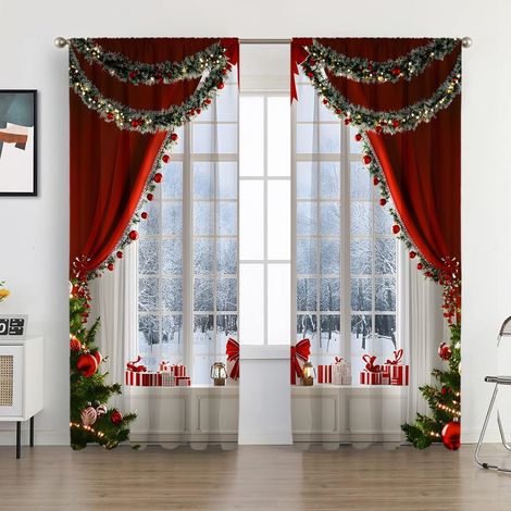 Rideaux De Fenêtre - Imprimé Numérique Noël - Arbre De Noël Et Ornements - Isolation Thermique Et Acoustique - Pour Salon Chambre - 2 Pièces (1/3)