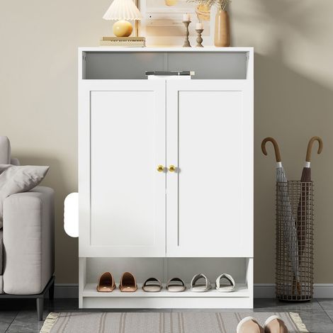 Meuble à chaussures moderne 73x34x109 cm avec étagères réglables et poignées dorées,coffre à chaussures avec 2 portes,blanc (1/5)